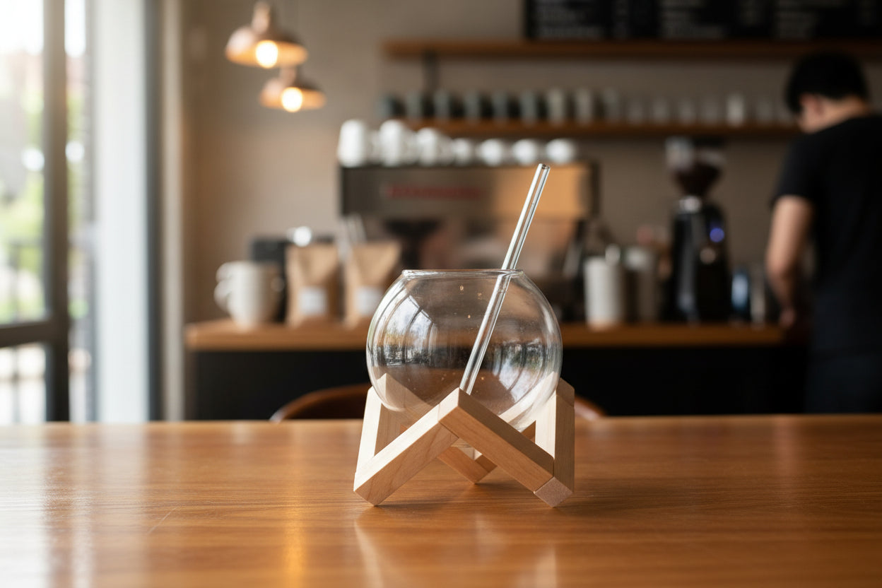 Creative Glass Moon Cup (Orb Shape) with Wooden Stand – 500ml