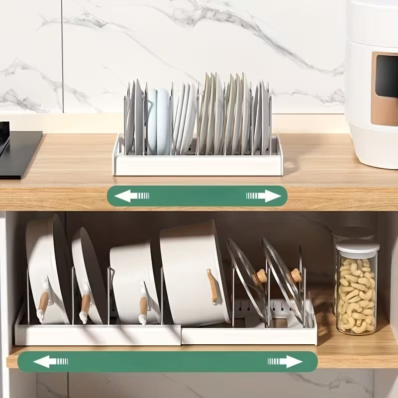 Expandable Pot & Pan Organizer with Adjustable U-Shaped Dividers – Vertical Cookware Storage for Lids, pans and tray