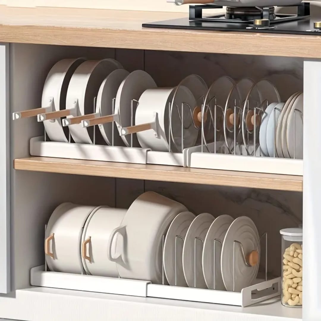 Expandable Pot & Pan Organizer with Adjustable U-Shaped Dividers – Vertical Cookware Storage for Lids, pans and tray