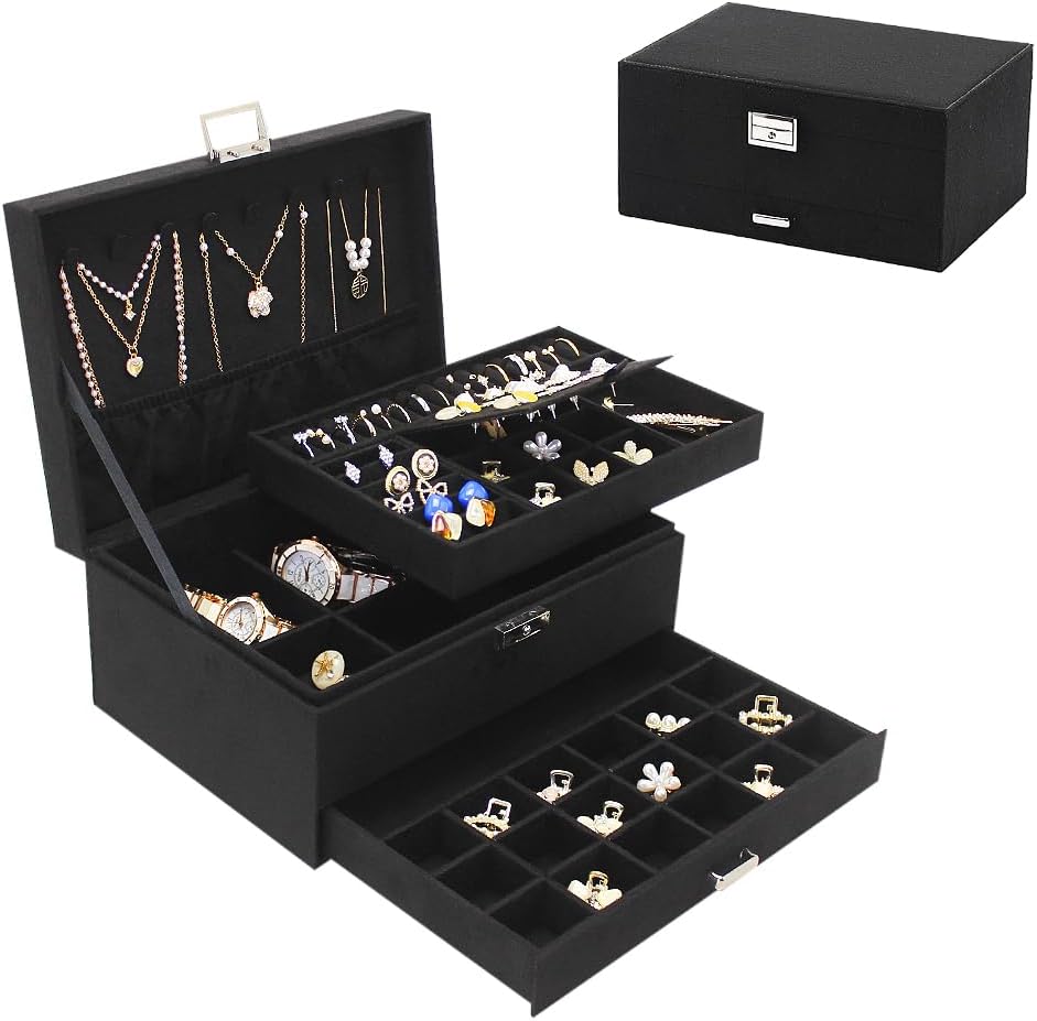 Premium Velvet Jewelry Organizer Box – 3 Layer with Lock