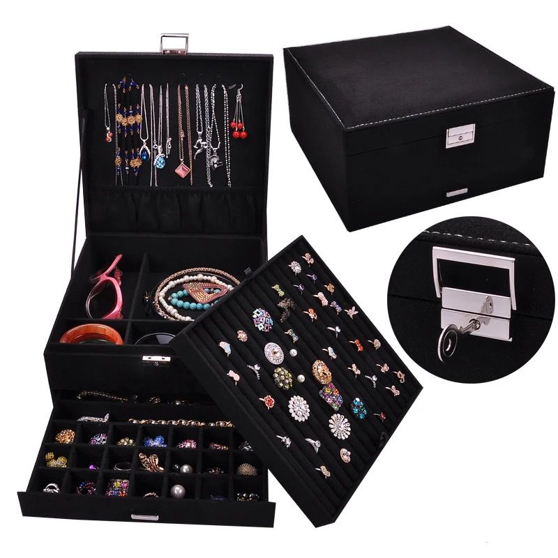 Premium Velvet Jewelry Organizer Box – 3 Layer with Lock