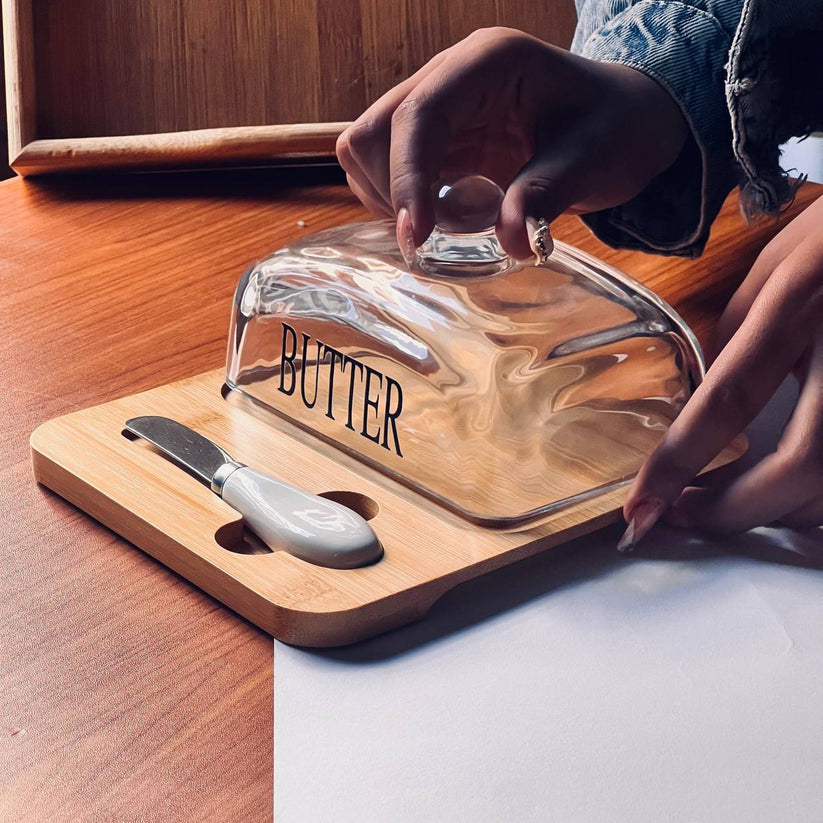 Glass Butter Dish with Bamboo Base & Knife