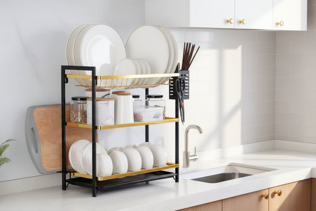 3-Layer Iron Dish Rack with Side Holder
