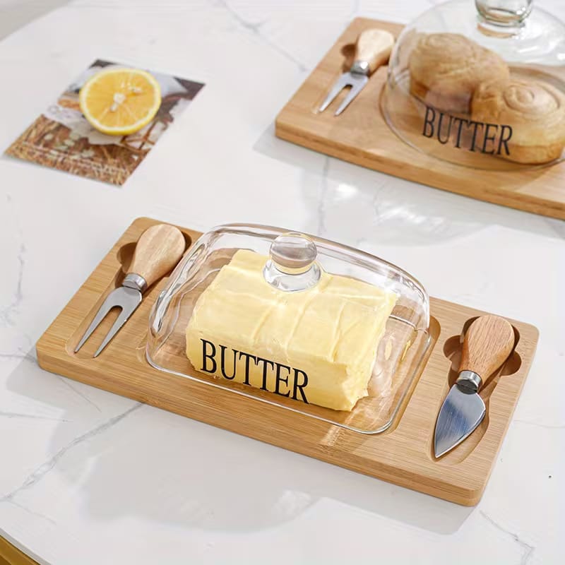 Premium Bamboo & Glass Butter Dish Set