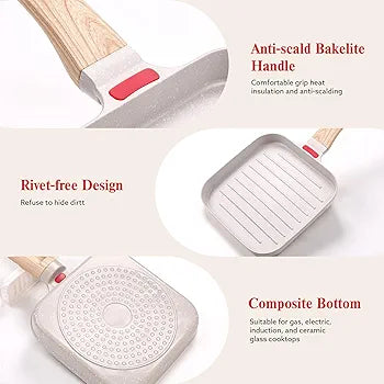 Premium Non-Stick Grill Frying Pan with Wooden Handle