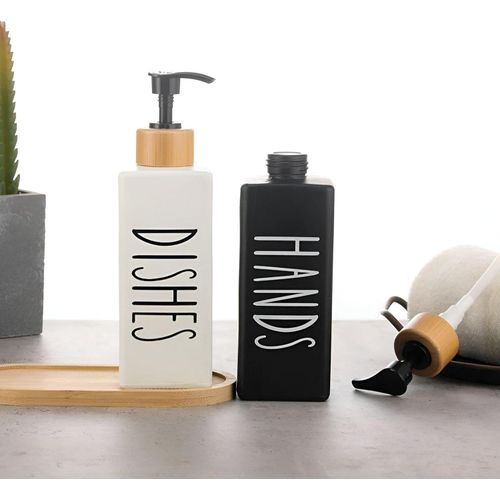 Premium: Luxe Glass Soap Dispenser Set with Bamboo Pumps & Organizing Tray (Set of 2)