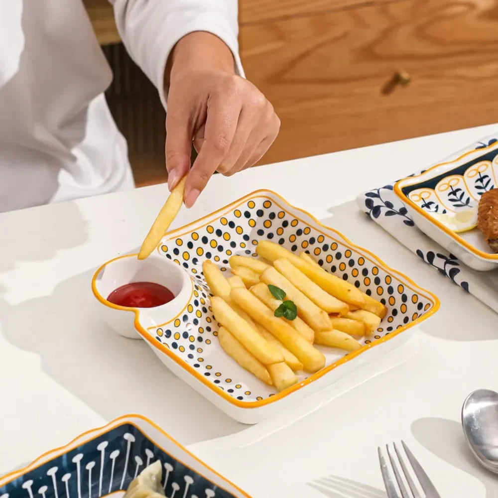 7-Inch Ceramic Dumpling Plate with Built-In Dipping Tray