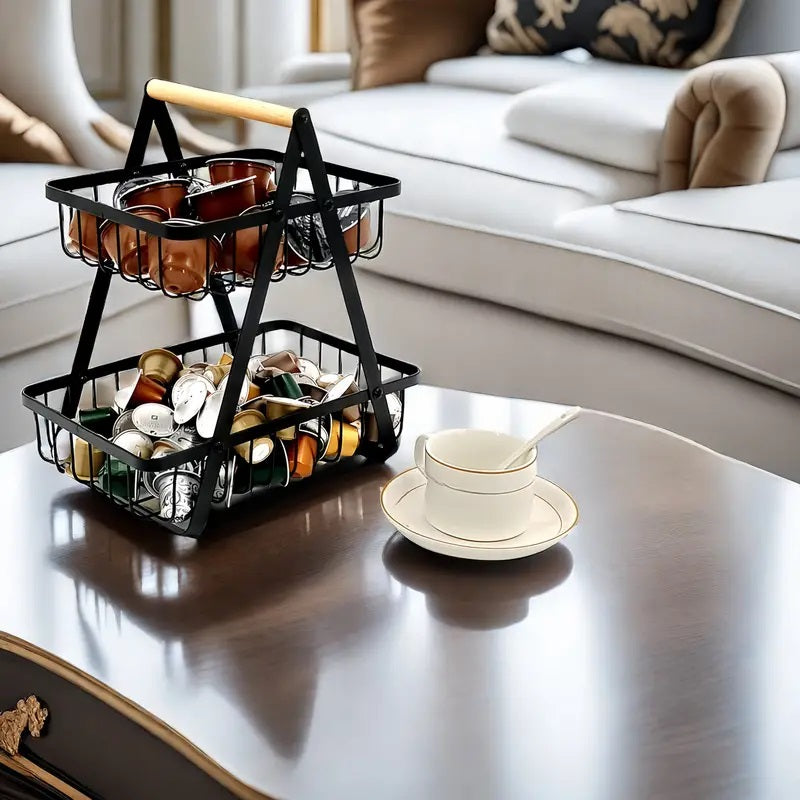 2-Tier Metal Fruit Basket with Wooden Handle