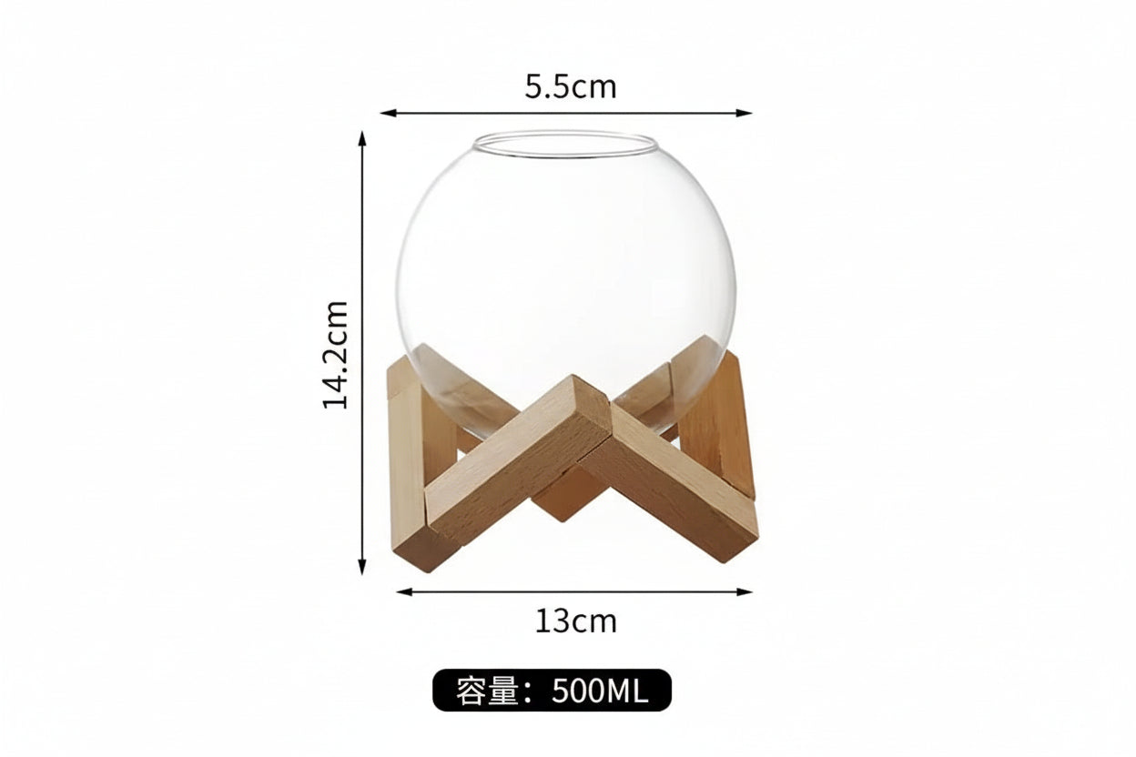 Creative Glass Moon Cup (Orb Shape) with Wooden Stand – 500ml
