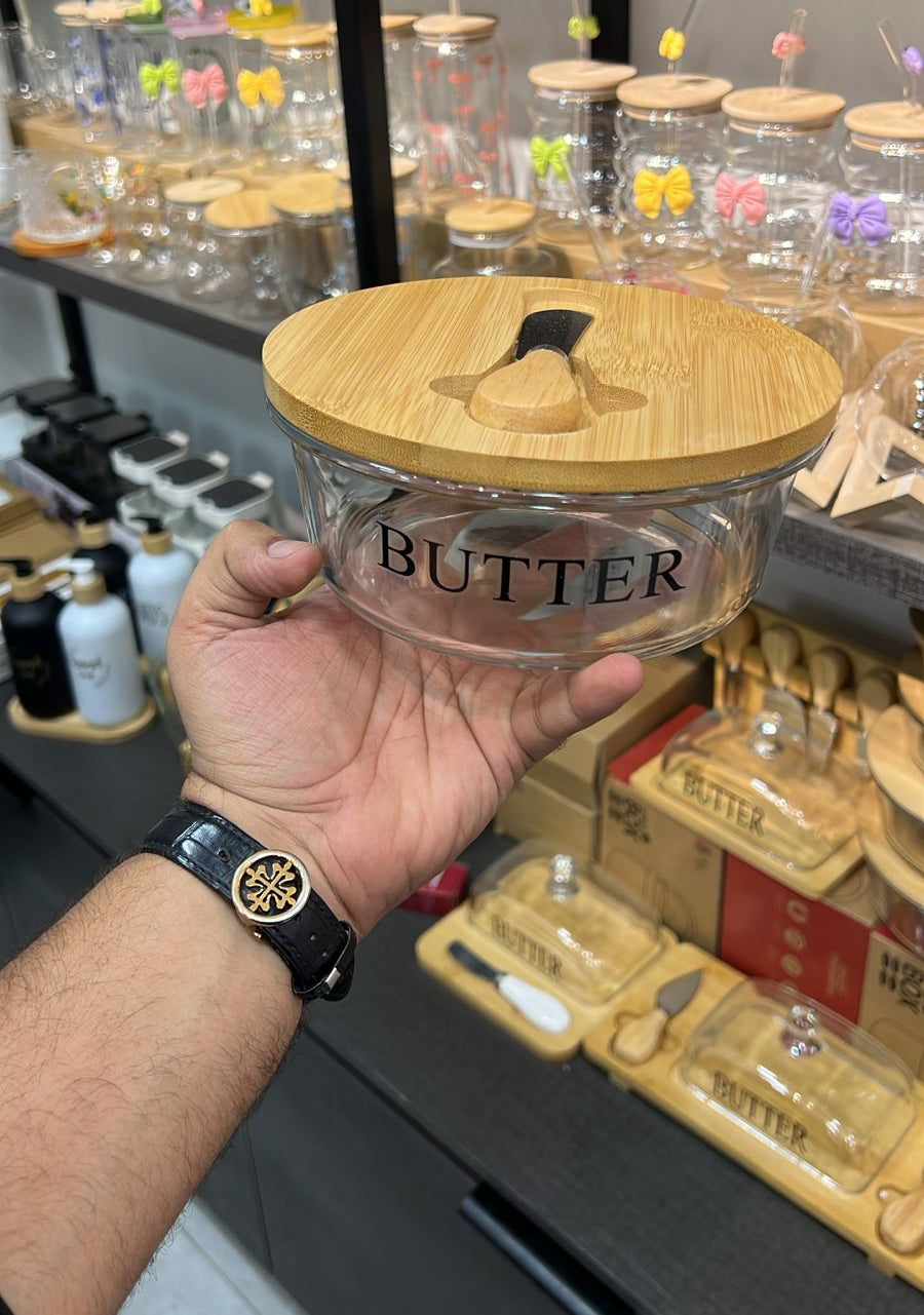 Glass Butter Dish with Wooden Knife
