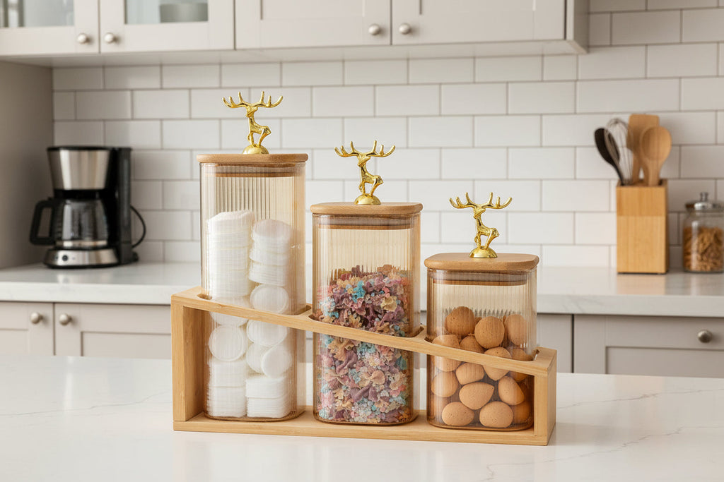 Luxury Deer Lid Storage Jar Set (3 Pcs with Wooden Stand)