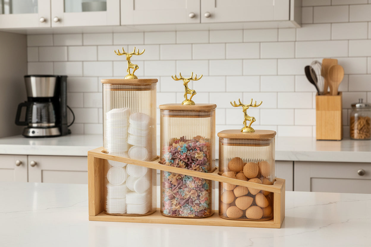 Luxury Deer Lid Storage Jar Set (3 Pcs with Wooden Stand)