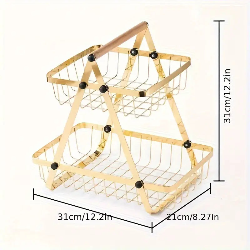 2-Tier Metal Fruit Basket with Wooden Handle