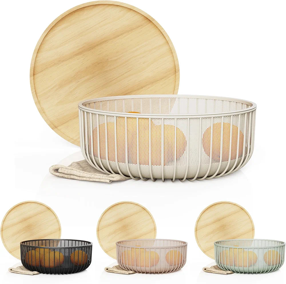 Metal Wire Mesh Fruit Basket with Wooden Lid (Fly-Proof)