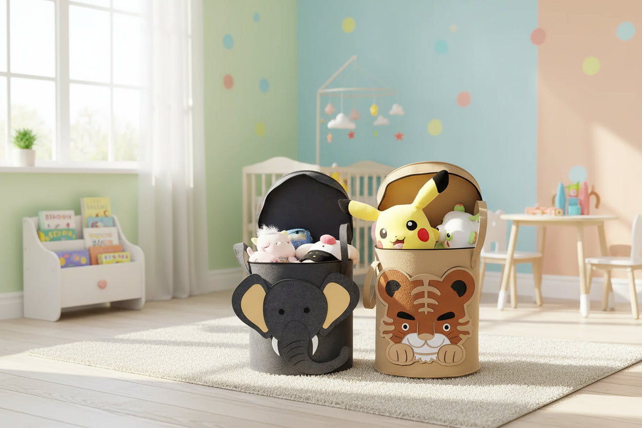Animal-Themed Felt Storage Basket with Lid – Large Capacity