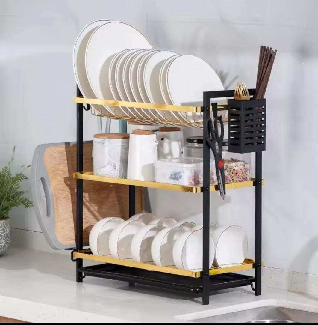 3-Layer Iron Dish Rack with Side Holder