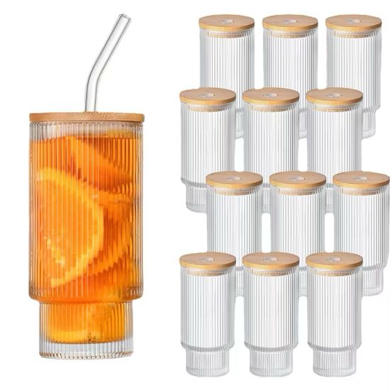 Ribbed Drinking Glasses with Bamboo Lids and Straws  400ML
