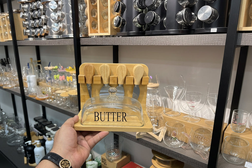 Bamboo Butter & Cheese Board Set with Glass Dome