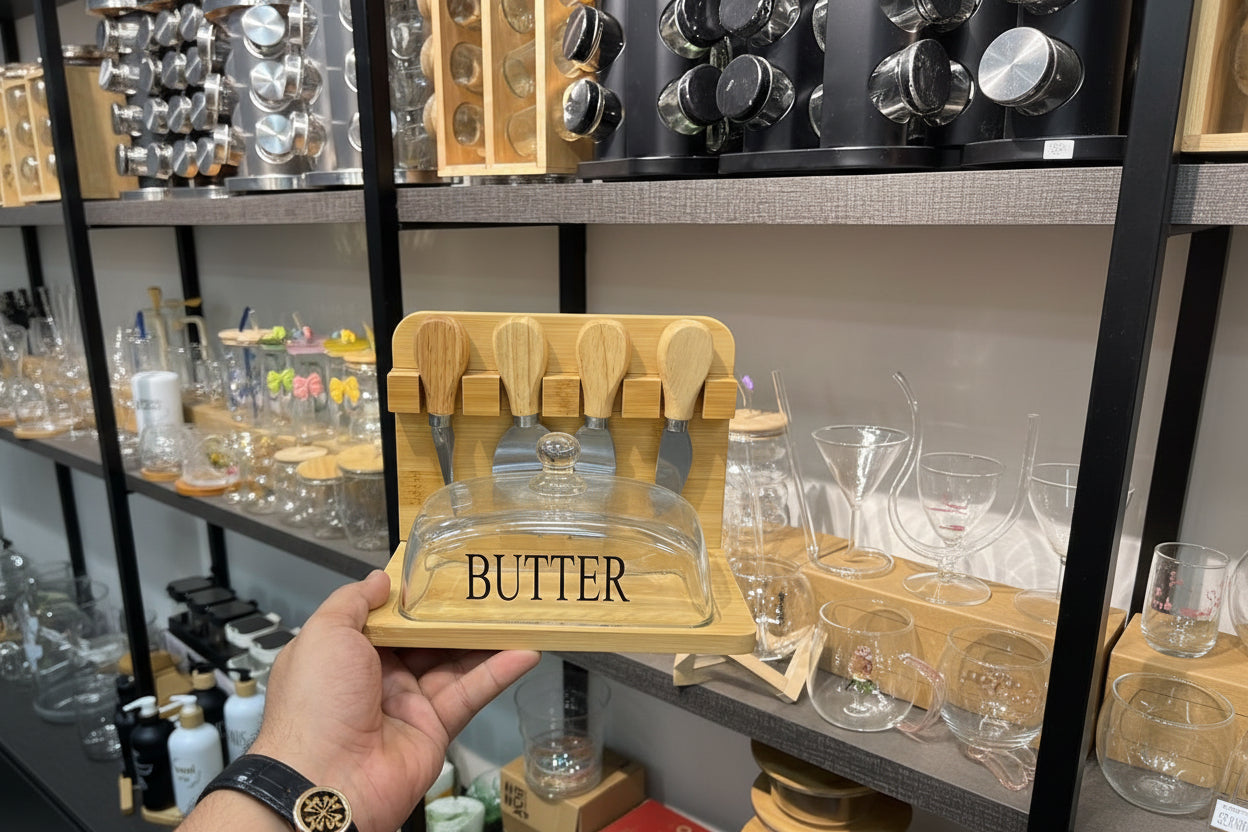 Bamboo Butter & Cheese Board Set with Glass Dome