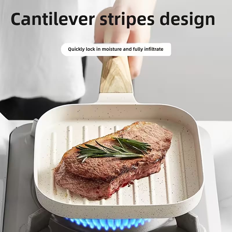 Premium Non-Stick Grill Frying Pan with Wooden Handle