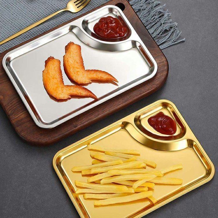 Stainless Steel Snack Serving Plate with Sauce Compartment (Golden)
