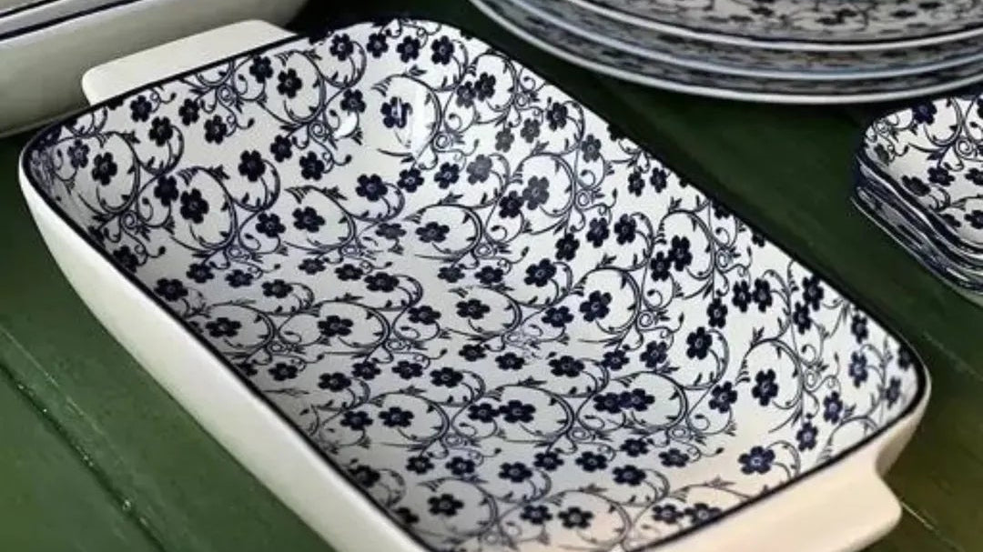 Danny Home Blue Floral Ceramic Baking & Serving Bowl