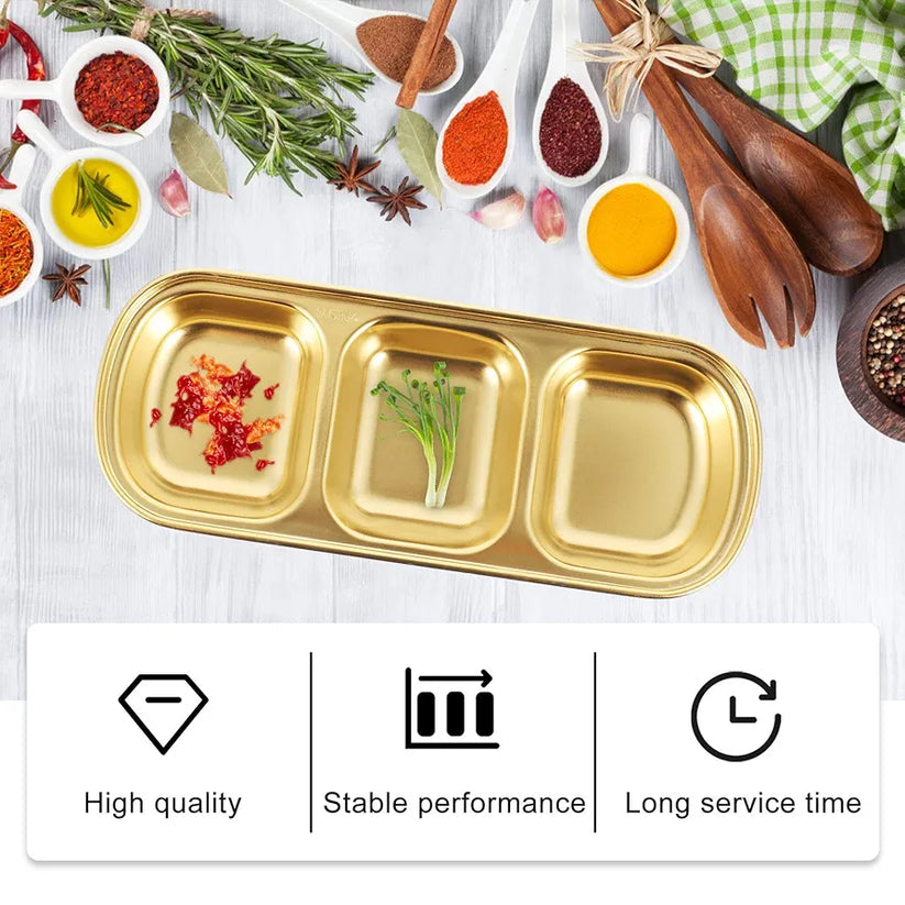 3-Compartment Stainless Steel Sauce & Condiment Tray (Golden)